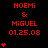 Red text on black background displays 'NOEMI & MIGUEL 01.25.08' with varying heart counts in three