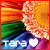 A colorful animated icon featuring a flower with orange petals and rainbow-colored background, displaying 'Tara' text and heart symbols in white.