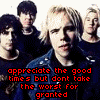 A static image of a group of people with blonde hair and dark clothing, overlaid with red text about appreciating good times.