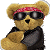 Pixelated teddy bear wearing red bandana, black sunglasses, and black vest against gray background with green text