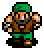 Pixel art character with green cap, brown shirt, green shorts, and black boots in two side-by-side poses showing arm positions.