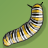 Pixelated caterpillar with yellow, black, and white striped body on solid green background.