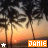 Sunset beach scene with palm trees and orange sky, featuring 'JAMIE' text in orange box and white star icons on four corners.