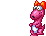 Pixelated pink dinosaur with orange bow, blue eyes, and white belly patch in four sequential poses showing mouth opening, object holding, and object release.