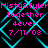 A static digital image with repeated text and geometric patterns in cyan and magenta on black background.