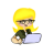 Pixelated cartoon character with blonde hair, glasses, and a dark green jacket holding a light blue object against gray background.