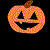 Pixelated orange pumpkin with triangular eyes, a curved nose, and a wide smiling mouth against black background.