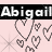 Animated buddy icon featuring repeated text and heart symbols on a light pink background with black header bar.