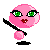 A 4-frame pixel art animation of a pink cartoon character with green eyes and red lips holding a blue fan, displayed in a 2x2 contact sheet on gray background.