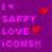 Purple background with pixelated pink text reading 'I ❤️ SAPPY LOVE ICONS!!' and three red heart symbols at various positions.