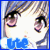 Pixelated anime-style character with light brown hair and large purple eyes, wearing a blue 'CUTE' text overlay on the lower face.