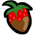 Pixelated strawberry icon with green leaves, red fruit section with white dots, brown base, and black outline on white background.
