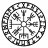 Circular black-and-white pixelated icon with a central cross-like structure surrounded by four symmetrical floral or geometric patterns within an ornate border.