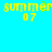 Yellow pixelated text 'summer 07' on bright cyan background with green pixel anomaly in 'm' of first 'summer'.