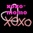 Pixelated icon with pink text 'KONO-MOMO' above a stylized 'XOXO' in light brown, set against a black background.