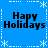 Blue background with white snowflake and dotted line border, four identical 'Happy Holidays' text blocks in black pixelated font arranged in a