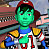 Pixelated green-skinned character with dark hair wears red cap, blue top, yellow shoulder pads, white pants, and red boots against blurred background.