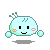 Pixelated light blue character with black square eyes, orange and pink cheek circles, and small green limbs, shown in three variations with differing limb positions and shadow shapes.