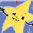 Animated yellow star-shaped character with brown eyes and black limbs, smiling against blue background, text below changes from 'F' to 'FREULC' in red.