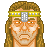 Pixelated portrait of a figure with long brown hair, orange skin, and a yellow headband with a central silver rectangular piece.