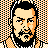 Pixelated static icon of a man's face with black hair and beard, orange-and-black checkered background, 48x48 pixel dimensions.