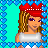 Pixel art contact sheet showing three frames of an animated character with red headband, blonde hair, and gray boots against turquoise background with blue heart border.