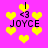 Pixelated icon with bright pink background, yellow hearts, and black text reading 'JOYCE' beneath '<3'.