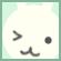 Pixelated cartoon face with light green background, showing two expressions: left side has a winking eye and curved mouth; right side shows both eyes open.