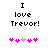 Pixelated text reads 'I love Trevor!' above five pink heart symbols on a white background.