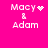 Pixelated text 'Macy & Adam' on bright pink background with animated heart and starburst symbols replacing the ampersand.