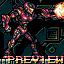 Pixel art of a humanoid figure in motion, firing a weapon with an explosion effect against a dark background and "PREP" text at the bottom.