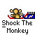 A 4x4 contact sheet of a pixel art animation featuring a brown monkey character interacting with a blue and red device, showing sequential frames from standing to falling over.