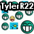 Pixelated buddy icon set with teal circular icons, a yellow smiling face, and blue square icons featuring a yellow sun on a blue background, all labeled "Tyler R22" in bold black text.