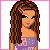 Pixel art of a girl with long brown hair and purple top, showing multiple expressions including closed eyes, mouth open, text overlays, and star-shaped face changes.