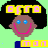 Pixelated character with afro hair, blue eyes, pink smile, and yellow text above/below head on green background.