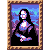 Pixelated portrait of a figure in black clothing with white and blue accents, framed by brown border against purple-blue background.