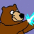 Pixelated brown bear with light blue energy effects, transitioning from smiling to shocked expression with text "My..." and "Balo" visible.