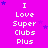 A static image with a bright pink background featuring repeated text "I Love Super Clubs Plus" in white pixelated font, surrounded by small blue stars.