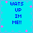 Pixelated blue background with pink star shapes and repeated text "WATS UP IM ME!!" in dark blue block letters.