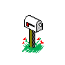 A 2x2 contact sheet of four pixel-art mailbox animation frames showing closed and open states with red flags, green grass, and small red flowers on a gray background.