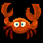 Pixelated orange crab with large blue eyes, raised claws, and multiple legs against a black background.