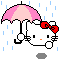 Pixel art of a white cat with red bow holding pink umbrella in rain, repeated across on gray background