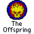 A circular pixelated icon with a blue outer ring, red middle ring, and yellow skull face with red eyes and mouth, displayed above the text "The Offspring".