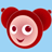 Pixelated icon of a smiling face with red hair styled in two large side buns against a light blue background.