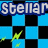Pixelated text 'stellar Kart' above a blue and black checkered background with two yellow pixelated objects moving across the lower portion.