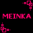 Pixelated pink text 'MEINKA' repeated twice on black background with pink square-dot patterns in corners and center.