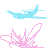 pixelated icons featuring light blue airplanes and pink abstract shapes with black dots, some displaying small heart symbols