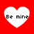 Four white heart shapes on a red background, each containing the text "Be mine" in black pixelated font.