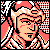 Pixel art portrait of a character with peach skin, black hair, and red accents in a checkered background pattern.