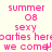 Pixelated pink text on light background repeats 'summer 08', 'sexy', and 'parties heroarties here we come!' in a pattern